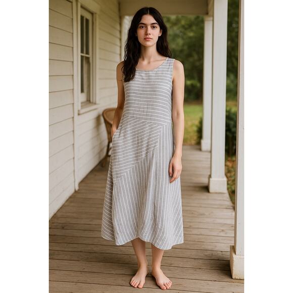 J.Jill Love Linen 100% Linen Striped Midi Dress Gray White Petite Medium - Picture 1 of 10